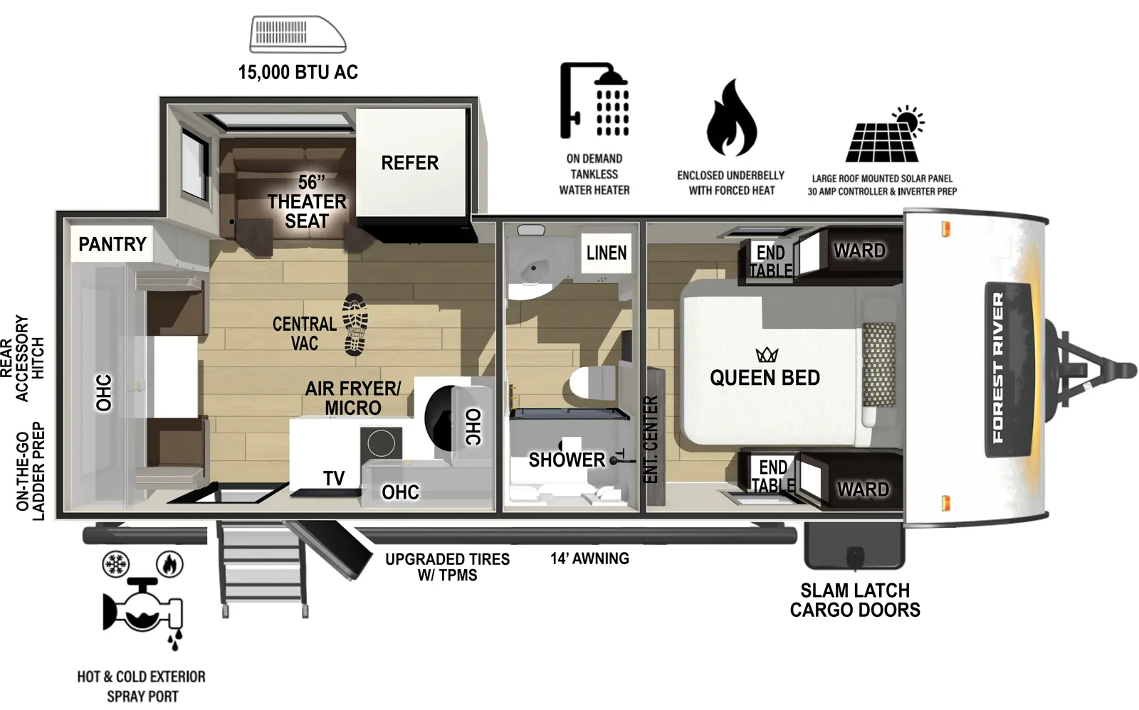 The r-pod RP-198 floorplan has one entry and one slide out. Exterior features include: fiberglass exterior and 13' awning. Interiors features include: front bedroom and pass through bathroom.